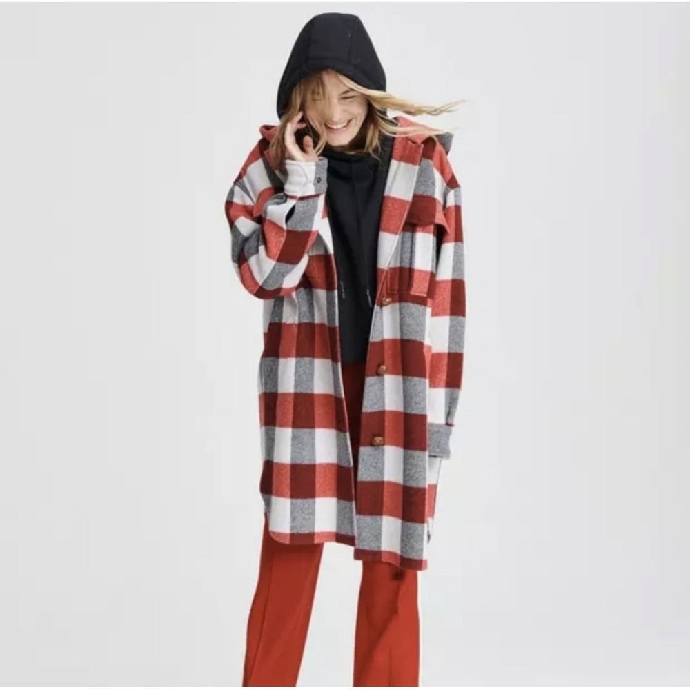 Rag & Bone Beck Hooded Jacket Womens Medium Red White‎ Plaid Wool Coat M